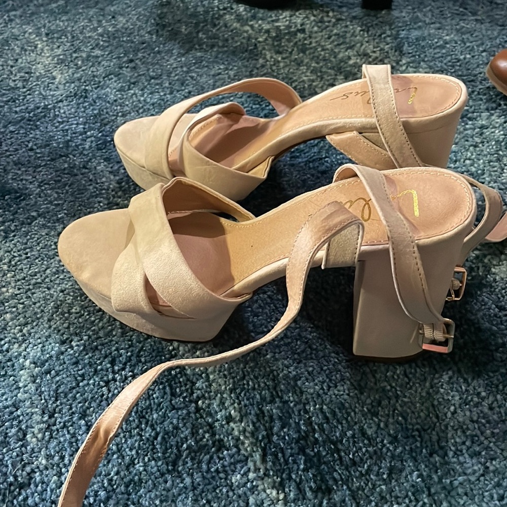 Tan heels, cris cross ankle straps